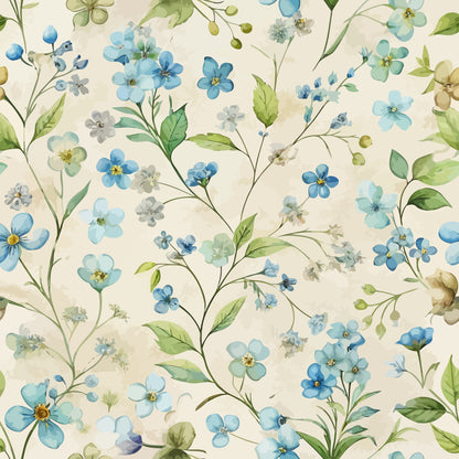 forget-me-nots, blue flowers, watercolor style, botanical pattern, floral design, cream background, green leaves, delicate blooms, quilting cotton, fabric panel, soft pastels, nature motif, spring flowers, art nouveau, flowing stems, feminine aesthetic, cottage core, vintage inspired, seamless repeat