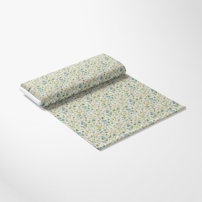 Art Nouveau Forget Me Nots Pattern 1 Quilting Cotton Fabric, floral design, blue and green colors, cream background, delicate blossoms, vintage style, lightweight cotton, soft texture, quilting fabric, craft fabric, sewing material, decorative textile, botanical print, nature-inspired pattern.