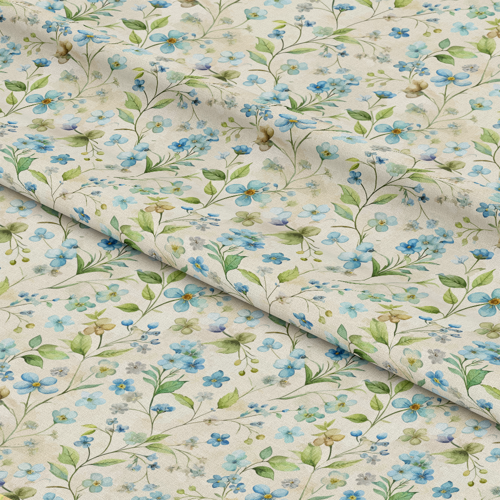 Art Nouveau Forget Me Nots Pattern 1 Quilting Cotton Fabric, floral, blue flowers, green leaves, natural tones, cotton textile, quilting material, vintage style, decorative fabric, soft texture, botanical design, fabric yardage, traditional printing, American made