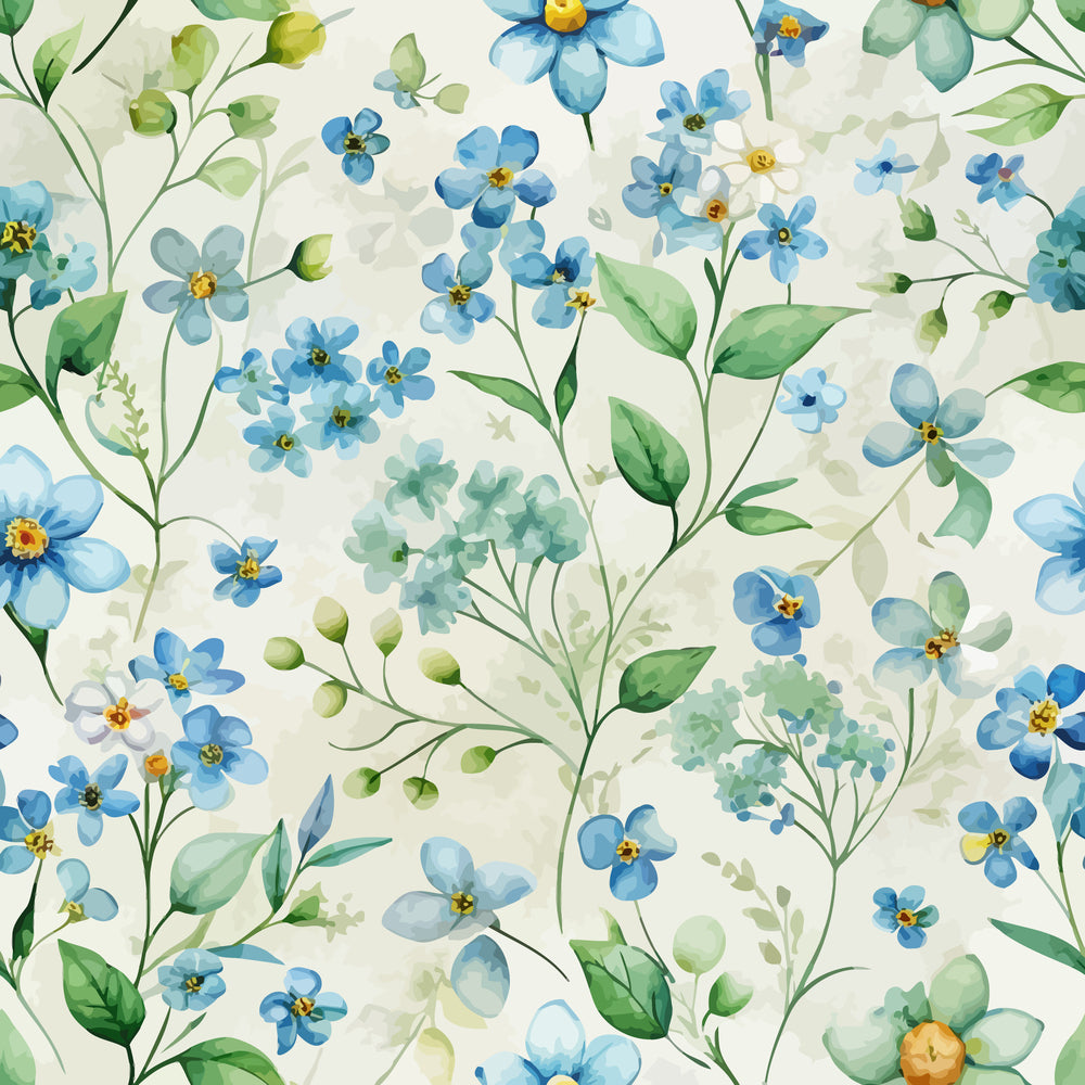 forget me nots, blue flowers, watercolor style, botanical pattern, green leaves, yellow centers, floral design, art nouveau, quilting cotton, fabric panel, delicate blooms, nature motif, soft pastels, cream background, spring flowers, organic shapes, flowing stems, cottage garden, vintage inspired, seamless pattern