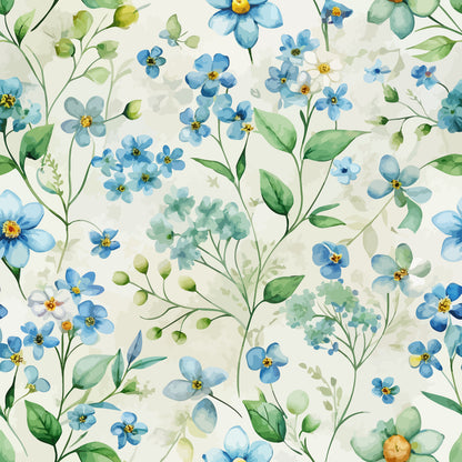 forget me nots, blue flowers, watercolor style, botanical pattern, green leaves, yellow centers, floral design, art nouveau, quilting cotton, fabric panel, delicate blooms, nature motif, soft pastels, cream background, spring flowers, organic shapes, flowing stems, cottage garden, vintage inspired, seamless pattern