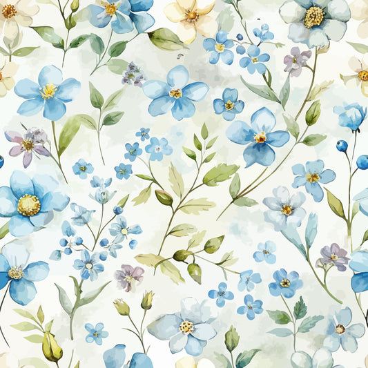 - Art Nouveau Forget Me Nots Pattern 4 Quilting Cotton Fabric  
- Blue floral design  
- Small and medium forget-me-nots  
- Green leaves and stems  
- Soft cream background  
- Vintage style  
- Cotton textile  
- Quilting material  
- Elegant botanical motif