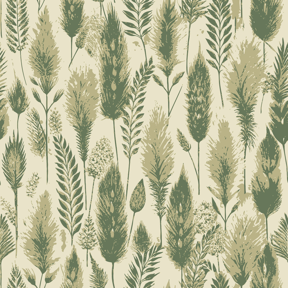 sage green, olive green, cream background, botanical pattern, grass stems, wheat stalks, foxtail grass, nature motif, art nouveau style, organic shapes, meadow plants, earthy tones, prairie grass, wildflower stems, quilting cotton, fabric panel, natural elements, botanical illustration, muted colors, scattered design