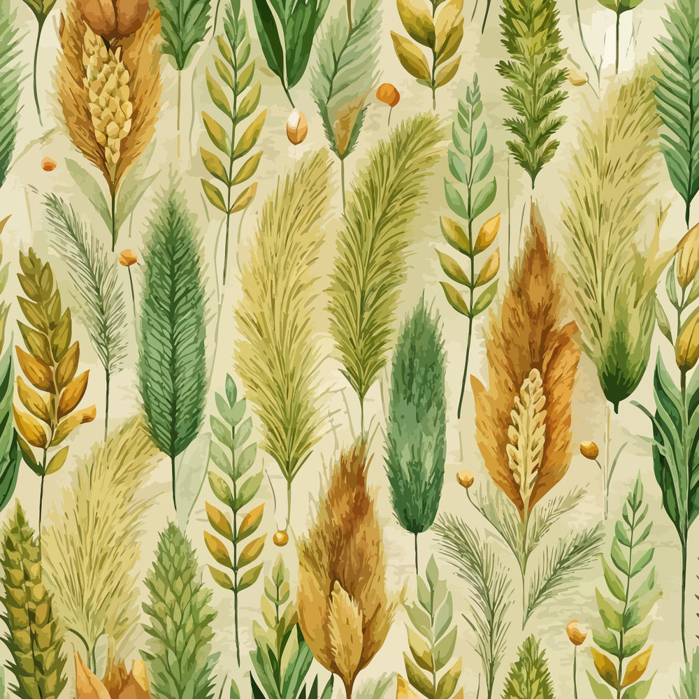 Art Nouveau Fox Tails Pattern 2 Quilting Cotton Fabric, quilting fabric, cotton fabric, botanical design, natural colors, green, yellow, beige, tan, floral motif, decorative textile, soft texture, premium quilting cotton, nature-inspired, foliage pattern, fabric yardage
