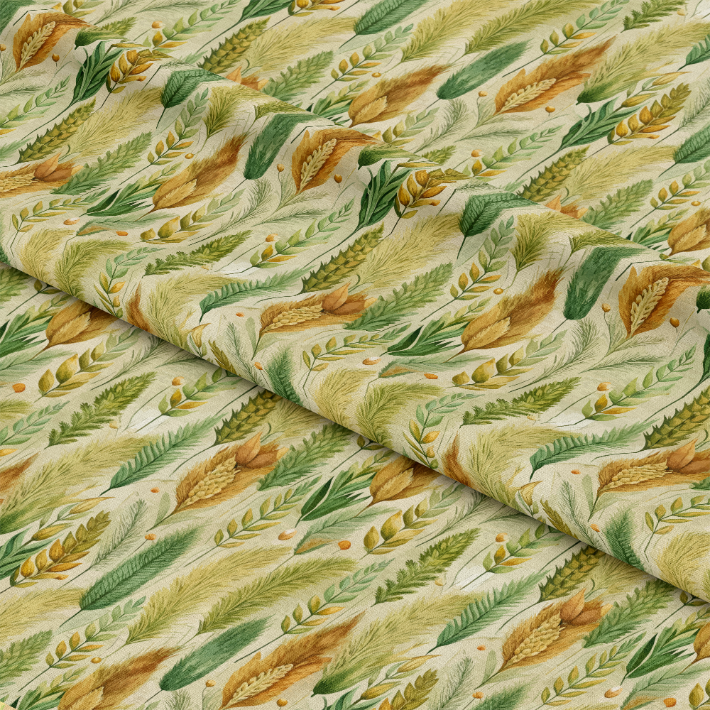 Art Nouveau Fox Tails Pattern 2 Quilting Cotton Fabric featuring natural colors, autumn tones, botanical leaves, floral motifs, textured cotton textile, sewing material, crafting fabric, soft cotton, green, beige, brown, cream hues, decorative quilting fabric.