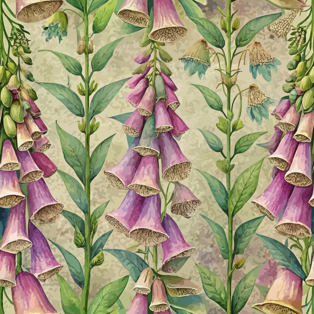 Art Nouveau Foxgloves Pattern 1 Quilting Cotton Fabric featuring vertical clusters of purple and pink foxglove flowers with green leaves on a beige textured background, floral design, botanical theme, textile, sewing material, premium quilting cotton, nature-inspired fabric, craft supply.