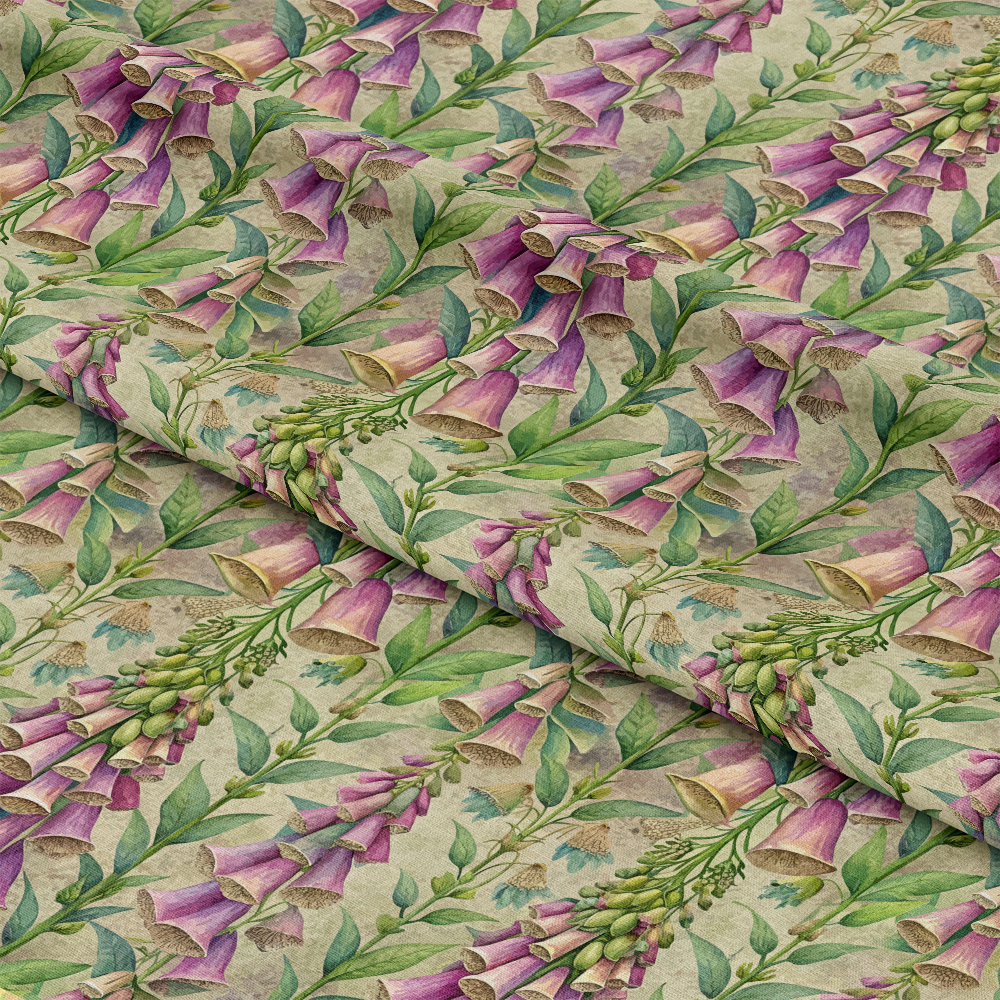 Art Nouveau Foxgloves Pattern 1 Quilting Cotton Fabric with floral design, purple and green tones, foxglove flowers, botanical print, natural colors, quilting material, cotton textile, vintage style fabric, garden-inspired pattern, soft texture, premium cotton fabric, crafting fabric.