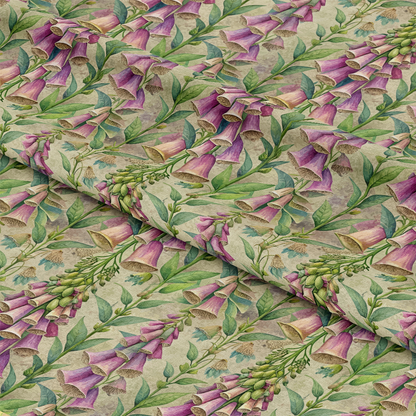 Art Nouveau Foxgloves Pattern 1 Quilting Cotton Fabric with floral design, purple and green tones, foxglove flowers, botanical print, natural colors, quilting material, cotton textile, vintage style fabric, garden-inspired pattern, soft texture, premium cotton fabric, crafting fabric.
