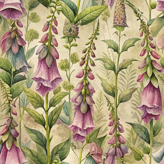 Art Nouveau Foxgloves Pattern 2 Quilting Cotton Fabric featuring floral, botanical, vintage, purple, green, natural, garden, leaves, stems, delicate, soft, premium, quilting, cotton, fabric, yardage