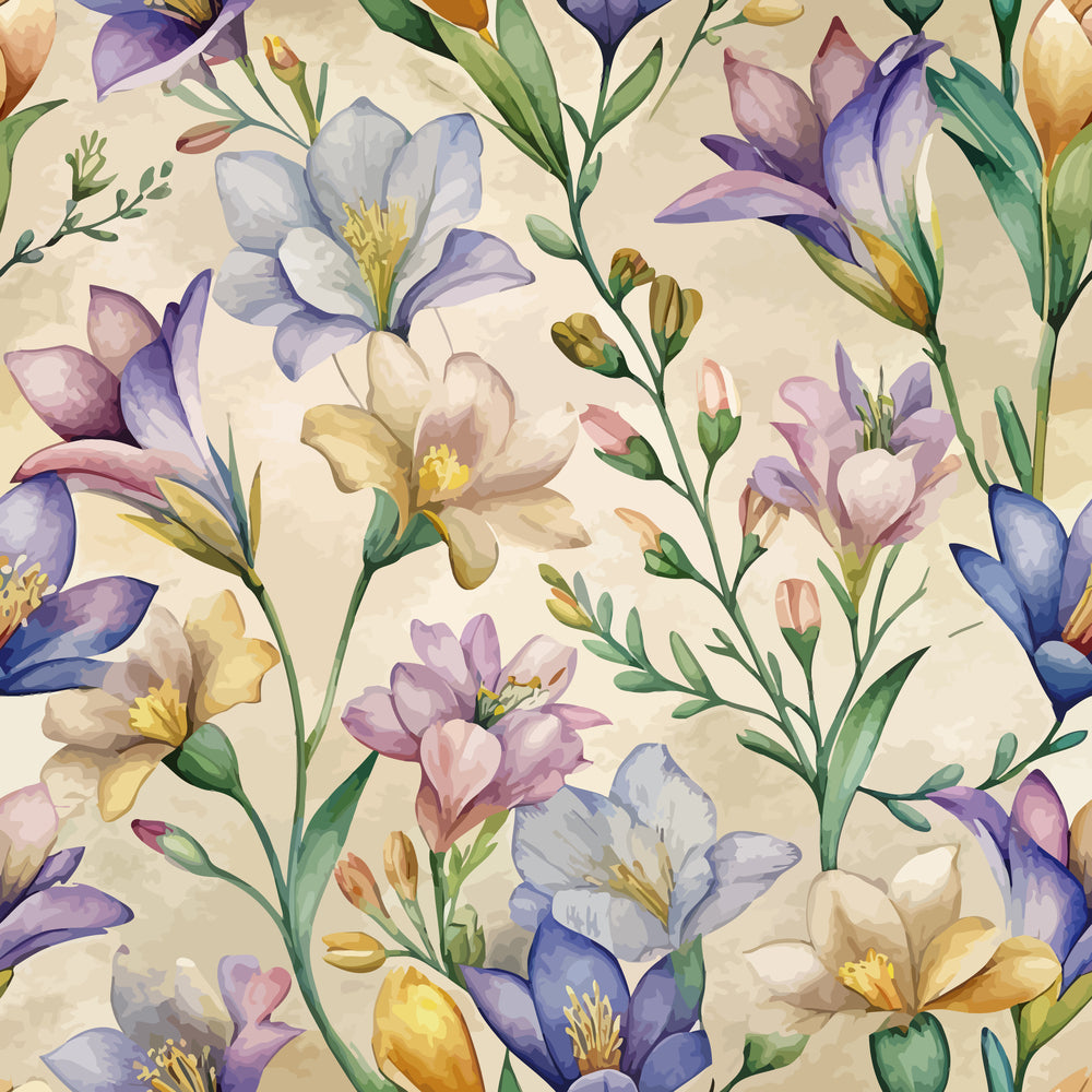 watercolor florals, freesia flowers, purple blooms, lavender petals, cream background, botanical pattern, pastel colors, soft blues, golden yellow, green stems, delicate buds, art nouveau style, organic flowing design, nature motif, quilting cotton, fabric panel, spring flowers, feminine aesthetic, romantic florals, seamless repeat