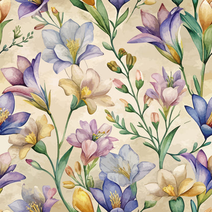 watercolor florals, freesia flowers, purple blooms, lavender petals, cream background, botanical pattern, pastel colors, soft blues, golden yellow, green stems, delicate buds, art nouveau style, organic flowing design, nature motif, quilting cotton, fabric panel, spring flowers, feminine aesthetic, romantic florals, seamless repeat