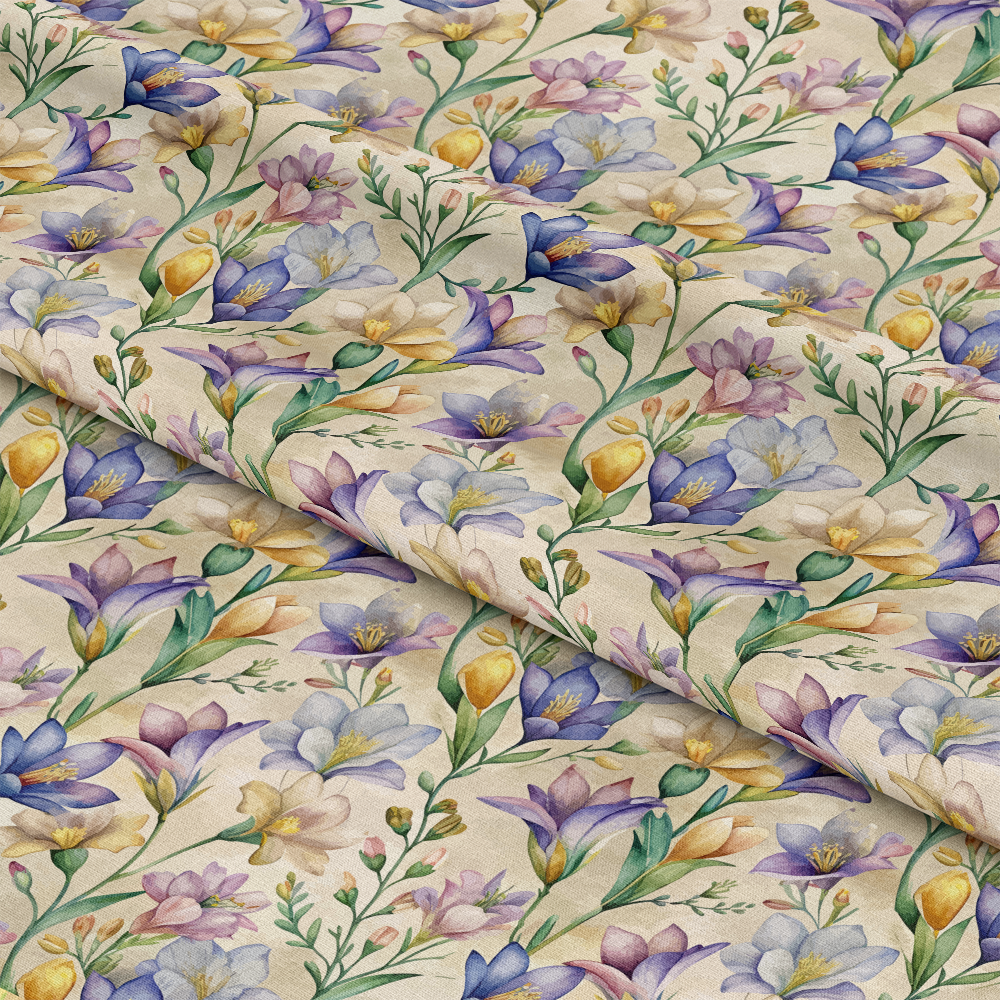 Art Nouveau Freesia Blossoms Pattern 1 Quilting Cotton Fabric featuring multicolor freesia flowers, floral textile, cotton material, pastel hues, nature-inspired design, delicate blossoms, artistic fabric, sewing material, craft fabric, premium quilting cloth.
