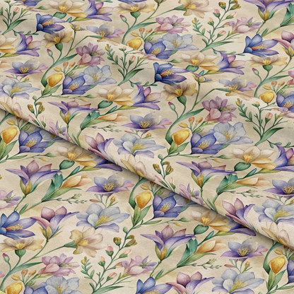 Art Nouveau Freesia Blossoms Pattern 1 Quilting Cotton Fabric featuring multicolor freesia flowers, floral textile, cotton material, pastel hues, nature-inspired design, delicate blossoms, artistic fabric, sewing material, craft fabric, premium quilting cloth.