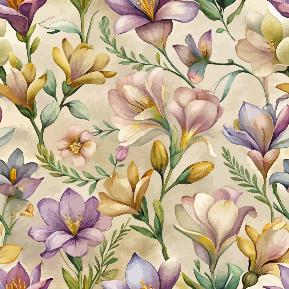 Art Nouveau Freesia Blossoms Pattern 2 Quilting Cotton Fabric featuring floral design, pastel colors, lavender, yellow, cream, green leaves, vintage style, decorative blossoms, elegant textile, soft texture, botanical print, natural motifs, premium quilting fabric.