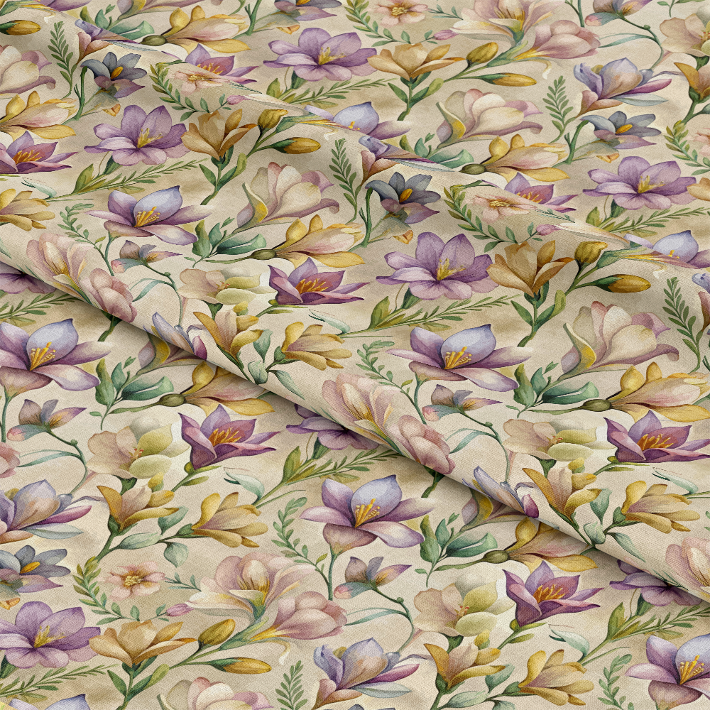 Art Nouveau Freesia Blossoms Pattern 2 Quilting Cotton Fabric featuring floral design, pastel colors, purple, yellow, green leaves, vintage style, cotton textile, quilting material, soft texture, traditional print, cream background, botanical motif, blooming flowers, elegant fabric yardage.