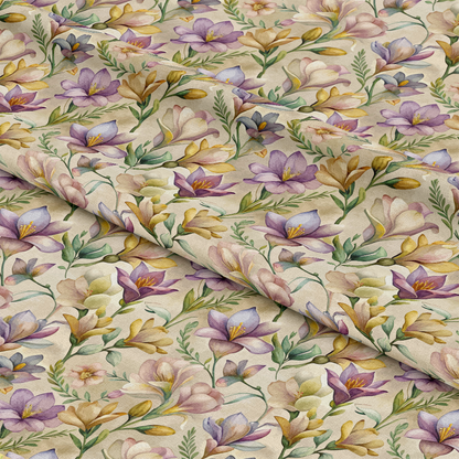 Art Nouveau Freesia Blossoms Pattern 2 Quilting Cotton Fabric featuring floral design, pastel colors, purple, yellow, green leaves, vintage style, cotton textile, quilting material, soft texture, traditional print, cream background, botanical motif, blooming flowers, elegant fabric yardage.