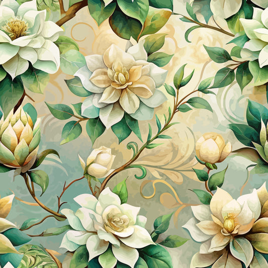 - Art Nouveau Gardenias Pattern 1 Quilting Cotton Fabric  
- Floral design  
- Gardenias  
- Cream, green, beige  
- Botanical print  
- Elegant  
- Vintage style  
- Quilting  
- Cotton  
- Soft texture