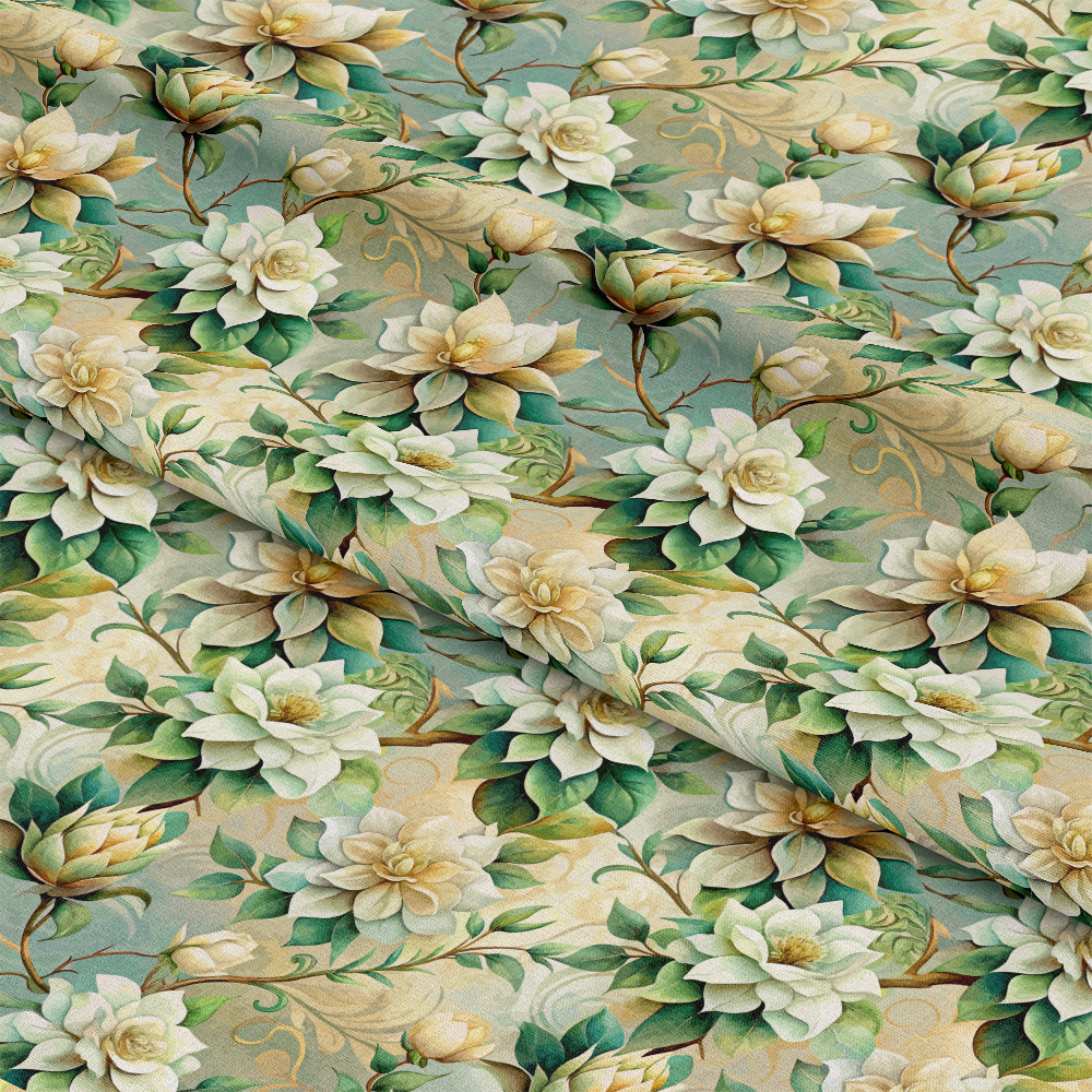 Art Nouveau Gardenias Pattern 1 Quilting Cotton Fabric featuring cream gardenia flowers, green leaves, floral design, botanical print, elegant vintage style, soft texture, quilting cotton material, beige accents, nature-inspired fabric, decorative textile, premium quilting cotton.