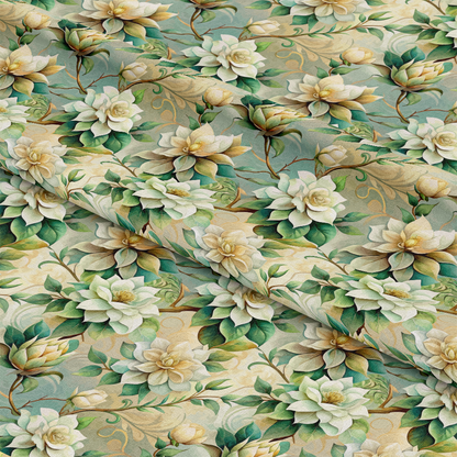 Art Nouveau Gardenias Pattern 1 Quilting Cotton Fabric featuring cream gardenia flowers, green leaves, floral design, botanical print, elegant vintage style, soft texture, quilting cotton material, beige accents, nature-inspired fabric, decorative textile, premium quilting cotton.