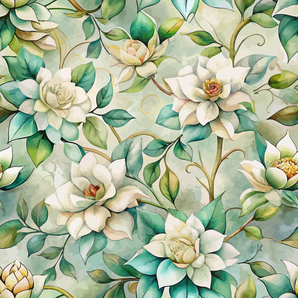 Art Nouveau Gardenias Pattern 2 Quilting Cotton Fabric with cream white gardenia flowers, green leaves, botanical design, floral motif, vintage style, fabric textile, quilting cotton material, soft texture, elegant nature-inspired print