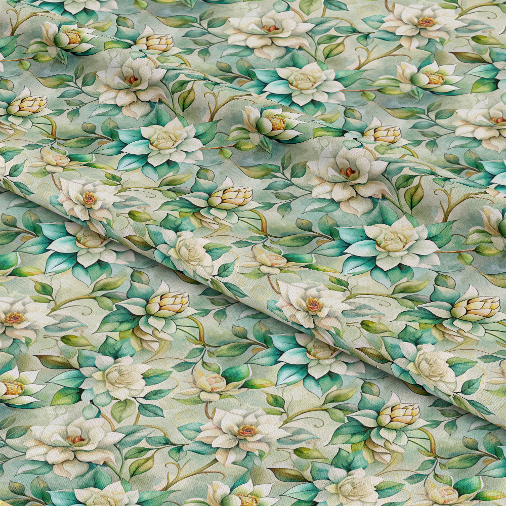 - Art Nouveau Gardenias Pattern 2 Quilting Cotton Fabric  
- Quilting fabric  
- Cotton textile  
- Floral design  
- Gardenias motif  
- Cream, green, teal colors  
- Botanical print  
- Soft texture  
- Premium material