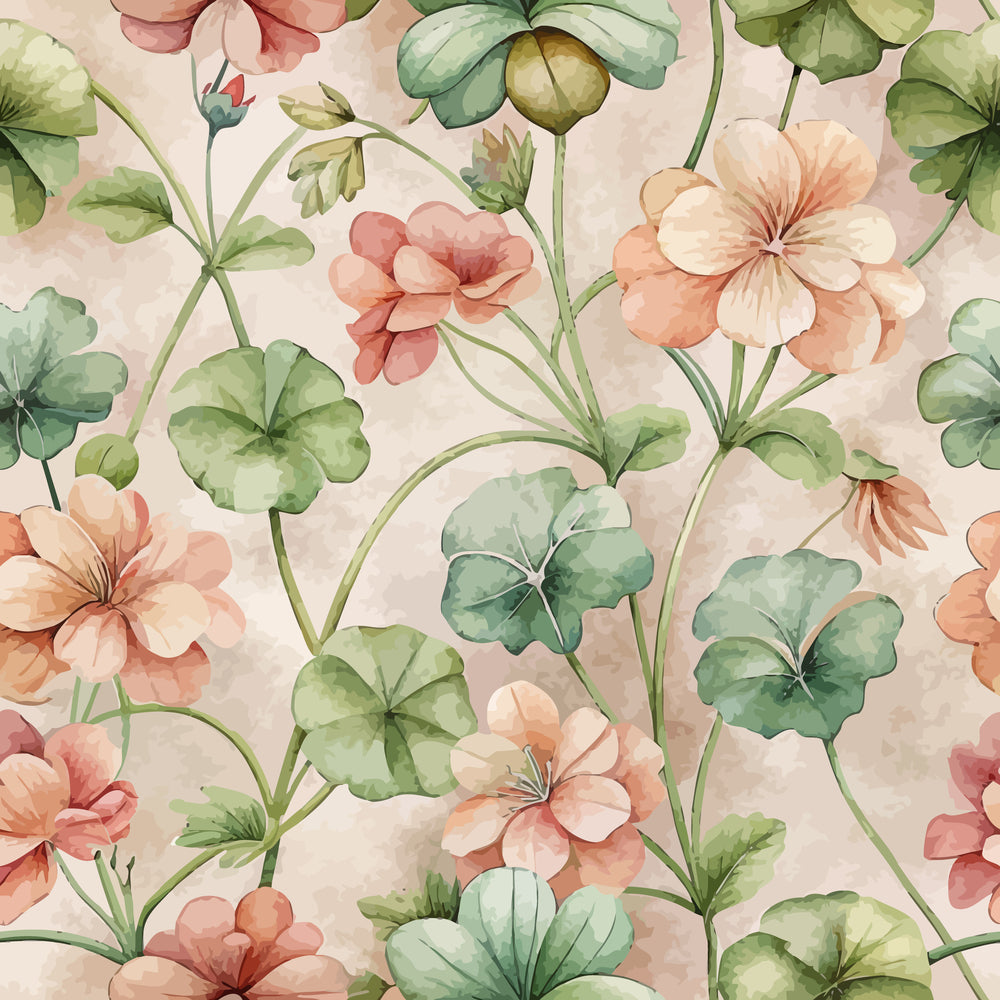 watercolor geraniums, coral flowers, peach blossoms, sage green leaves, botanical pattern, art nouveau style, floral design, quilting cotton, fabric panel, delicate florals, soft pastels, vintage botanical, garden flowers, flowing stems, romantic floral, peachy pink, muted greens, nature inspired, flowing pattern