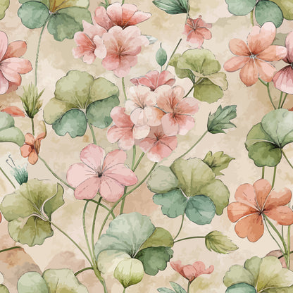 geranium flowers, watercolor style, pink blossoms, coral petals, sage green leaves, botanical pattern, floral design, art nouveau, soft pastels, quilting cotton, fabric panel, garden flowers, peachy pink, muted greens, vintage botanical, delicate florals, romantic mood, nature inspired, seamless repeat, spring blooms