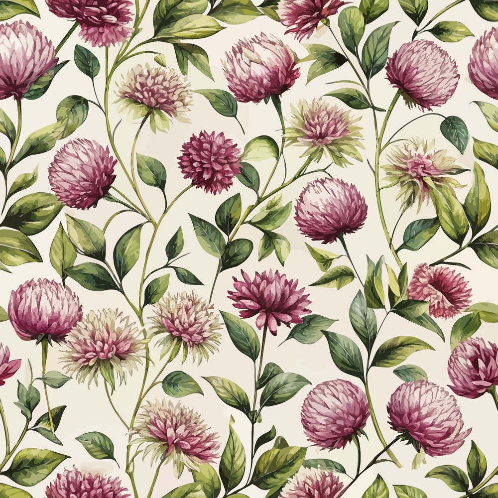 burgundy, mauve, pink, green, cream, globe amaranth, floral pattern, botanical design, art nouveau, vintage style, repeating motif, leaves, stems, quilting cotton, fabric panel, romantic mood, nature inspired, delicate florals, soft palette, organic shapes