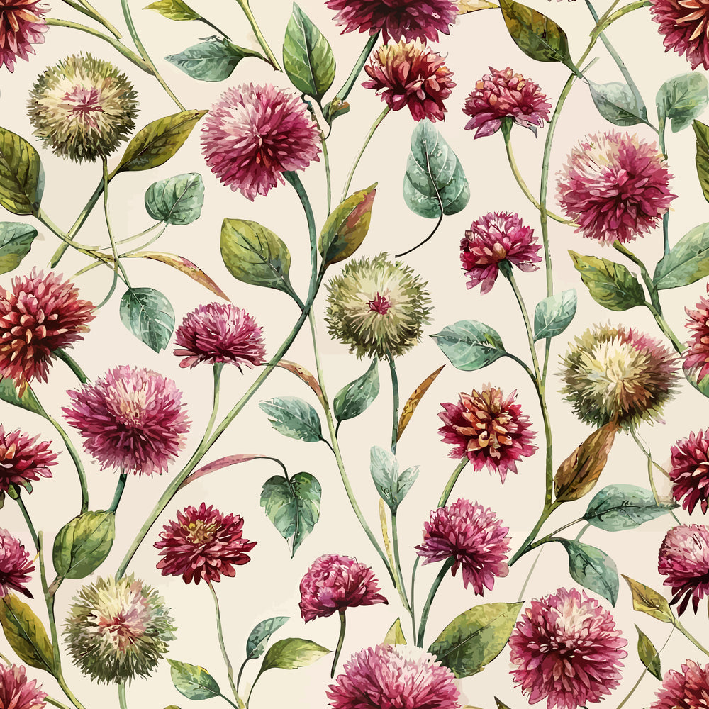 burgundy, mauve, sage green, cream background, globe amaranths, floral pattern, botanical illustration, art nouveau style, watercolor effect, quilting cotton, fabric panel, repeating motif, delicate stems, layered petals, nature inspired, soft palette, flowing design, organic shapes, garden flowers, textile print