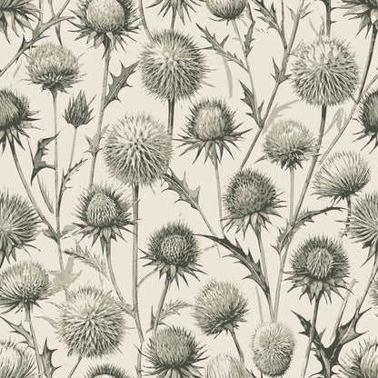 beige, sage green, globe thistles, spiky flowers, botanical pattern, art nouveau style, vintage illustration, nature motif, quilting cotton, fabric panel, thorny stems, wildflowers, muted tones, elegant design, floral repeat, neutral palette, organic shapes, detailed linework