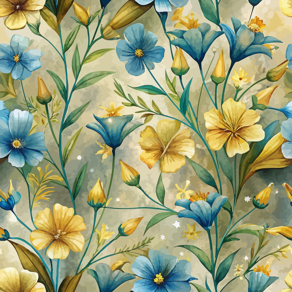 blue flowers, yellow blooms, golden petals, floral pattern, botanical design, art nouveau style, watercolor effect, spring flowers, meadow wildflowers, quilting cotton, fabric panel, nature motif, delicate stems, soft pastels, vintage florals, seamless repeat, garden blooms, organic shapes, flowing design