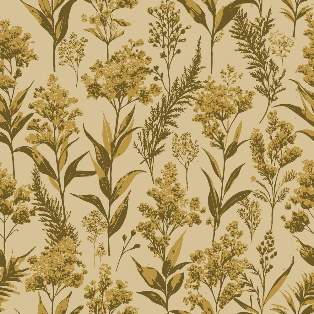 goldenrod flowers, botanical pattern, cream background, olive green, mustard yellow, art nouveau style, wildflowers, nature motif, vintage botanical, quilting cotton, fabric panel, floral stems, organic design, earthy tones, repeating pattern, delicate blooms, natural elements, autumn colors, botanical illustration