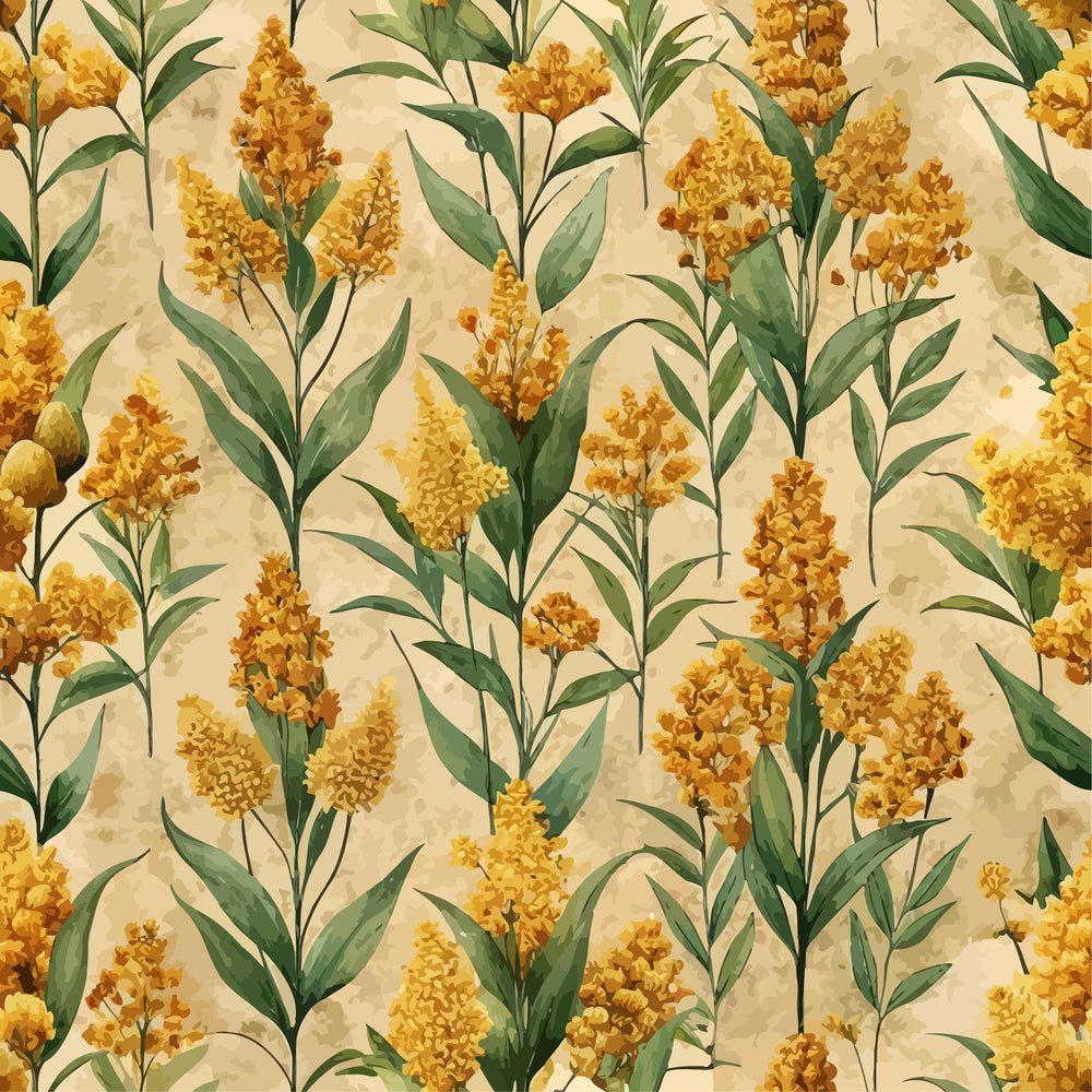 golden yellow, cream background, botanical pattern, goldenrod flowers, green leaves, art nouveau style, floral motif, quilting cotton, fabric panel, nature inspired, vintage aesthetic, flowing stems, clustered blooms, organic design, autumn colors, decorative florals, seamless repeat, watercolor effect