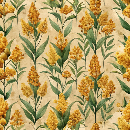 golden yellow, cream background, botanical pattern, goldenrod flowers, green leaves, art nouveau style, floral motif, quilting cotton, fabric panel, nature inspired, vintage aesthetic, flowing stems, clustered blooms, organic design, autumn colors, decorative florals, seamless repeat, watercolor effect