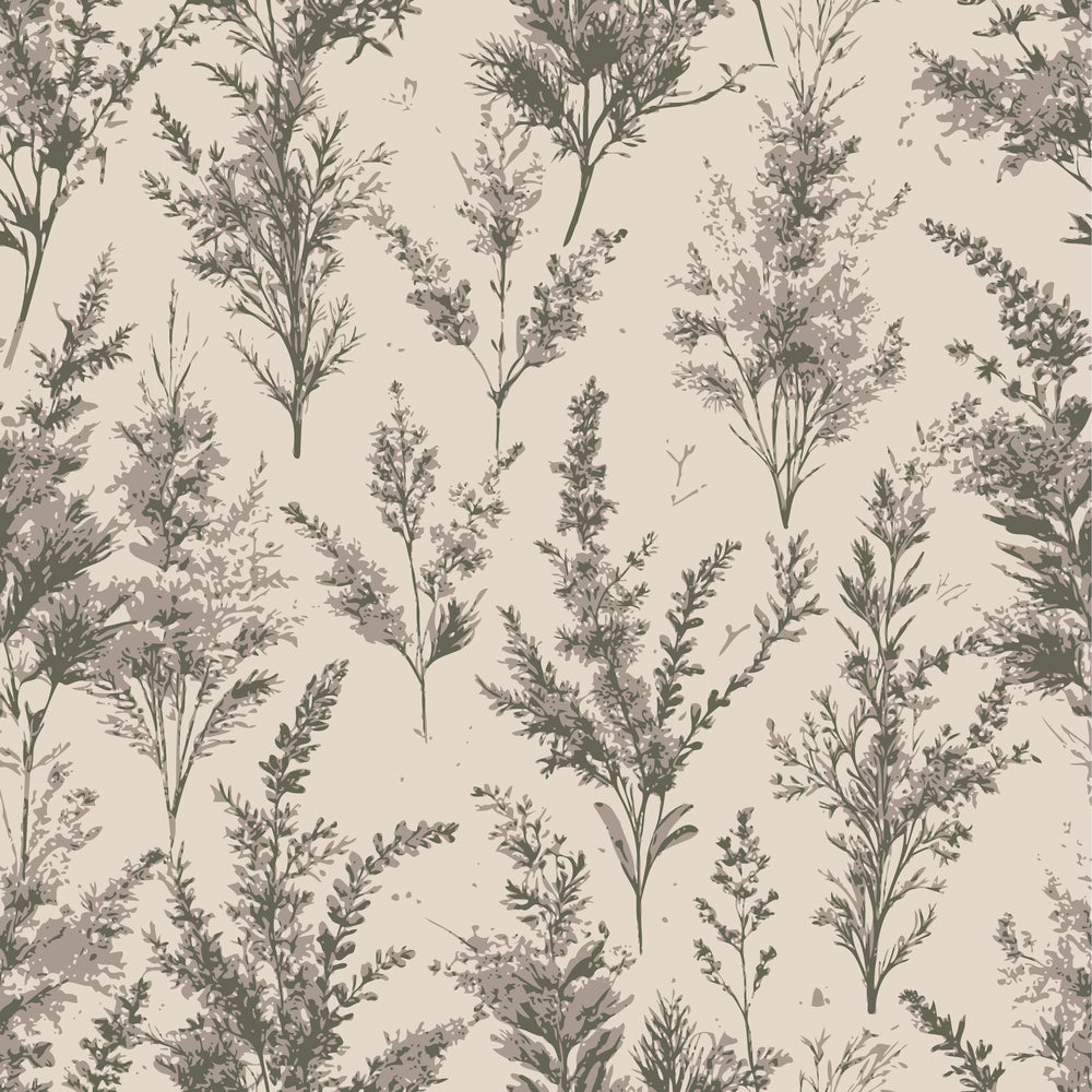 beige, sage green, heather sprigs, botanical pattern, wildflowers, delicate branches, nature motif, art nouveau style, quilting cotton, fabric panel, vintage aesthetic, muted tones, scattered florals, organic design, earthy palette, pressed flower look, meadow plants, soft neutrals, repeating pattern