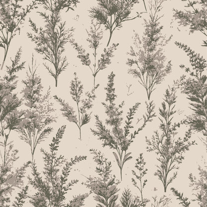 beige, sage green, heather sprigs, botanical pattern, wildflowers, delicate branches, nature motif, art nouveau style, quilting cotton, fabric panel, vintage aesthetic, muted tones, scattered florals, organic design, earthy palette, pressed flower look, meadow plants, soft neutrals, repeating pattern