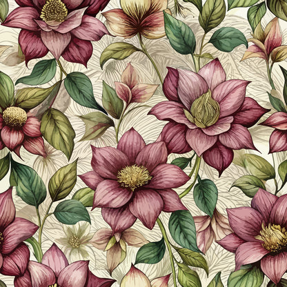 art nouveau, hellebores, floral pattern, burgundy flowers, mauve blooms, green leaves, cream background, botanical design, vintage style, quilting cotton, fabric panel, pink petals, yellow centers, nature motif, seamless repeat, elegant florals, muted tones, winter flowers