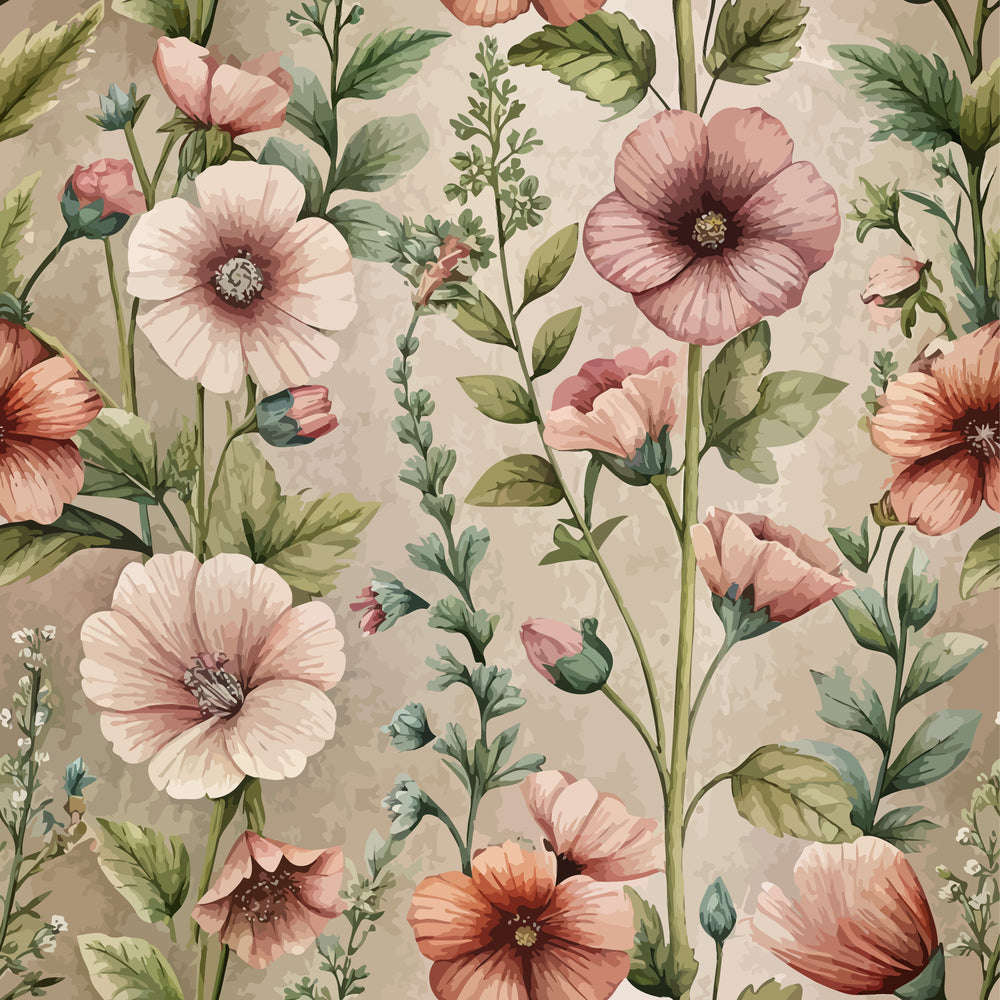 art nouveau, hollyhocks, floral pattern, botanical design, pink flowers, coral blooms, green leaves, cream background, vintage style, quilting cotton, fabric panel, delicate petals, garden flowers, soft pastels, romantic florals, watercolor effect, nature motif, cottage garden, feminine design, flowing stems