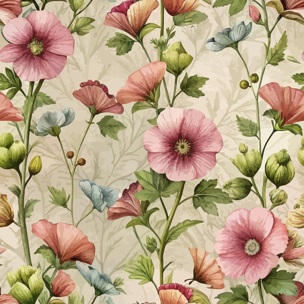 art nouveau, hollyhocks, floral pattern, pink flowers, coral blooms, green leaves, botanical design, quilting cotton, fabric panel, vintage style, nature motif, garden flowers, soft pastels, delicate petals, spring theme, romantic florals, textile design, crafting fabric, sewing material