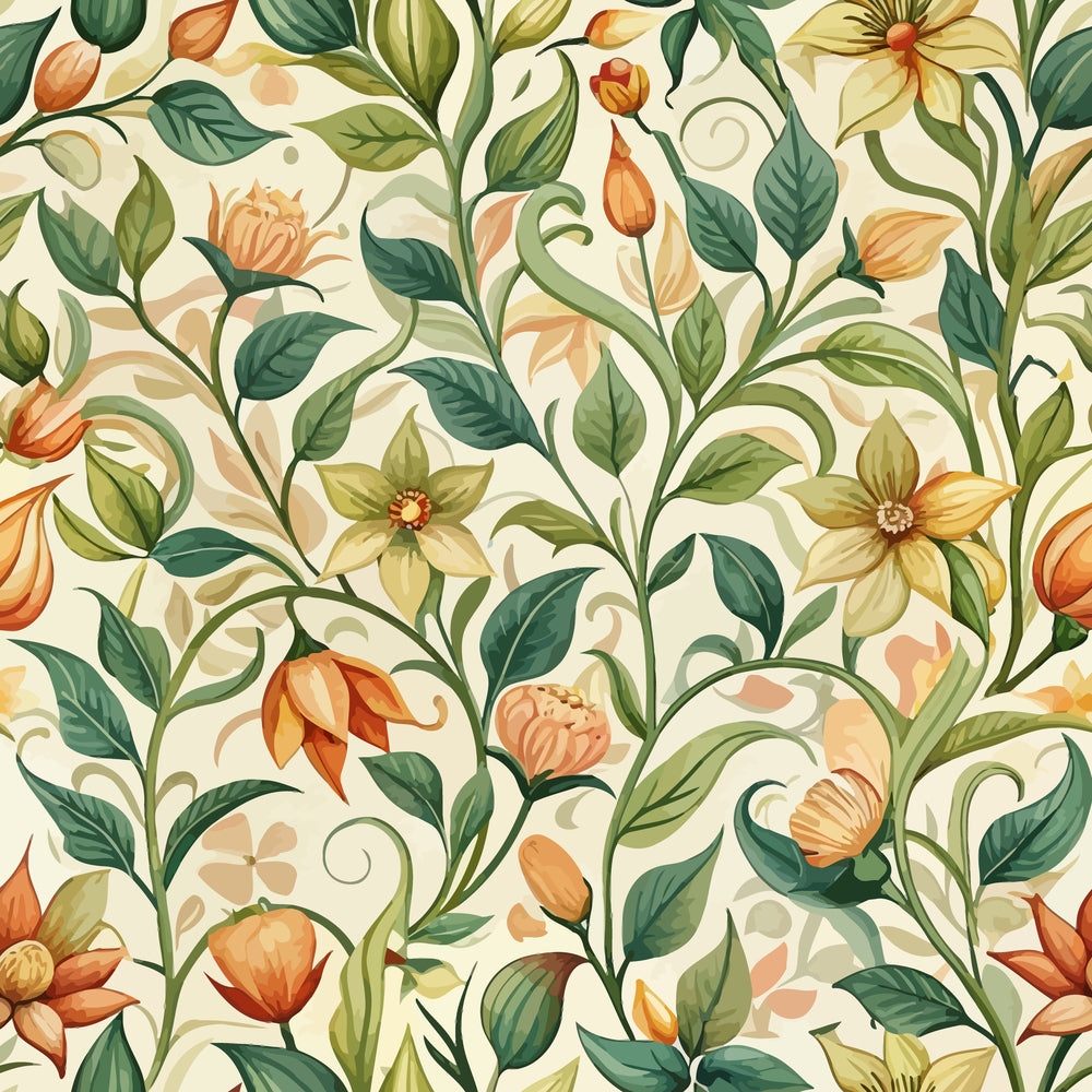 art nouveau, honeysuckle flowers, botanical pattern, cream background, orange blooms, green leaves, flowing vines, curved stems, nature motifs, quilting cotton, fabric panel, floral design, organic shapes, warm autumn tones, decorative swirls, peachy orange, forest green, vintage style, seamless repeat