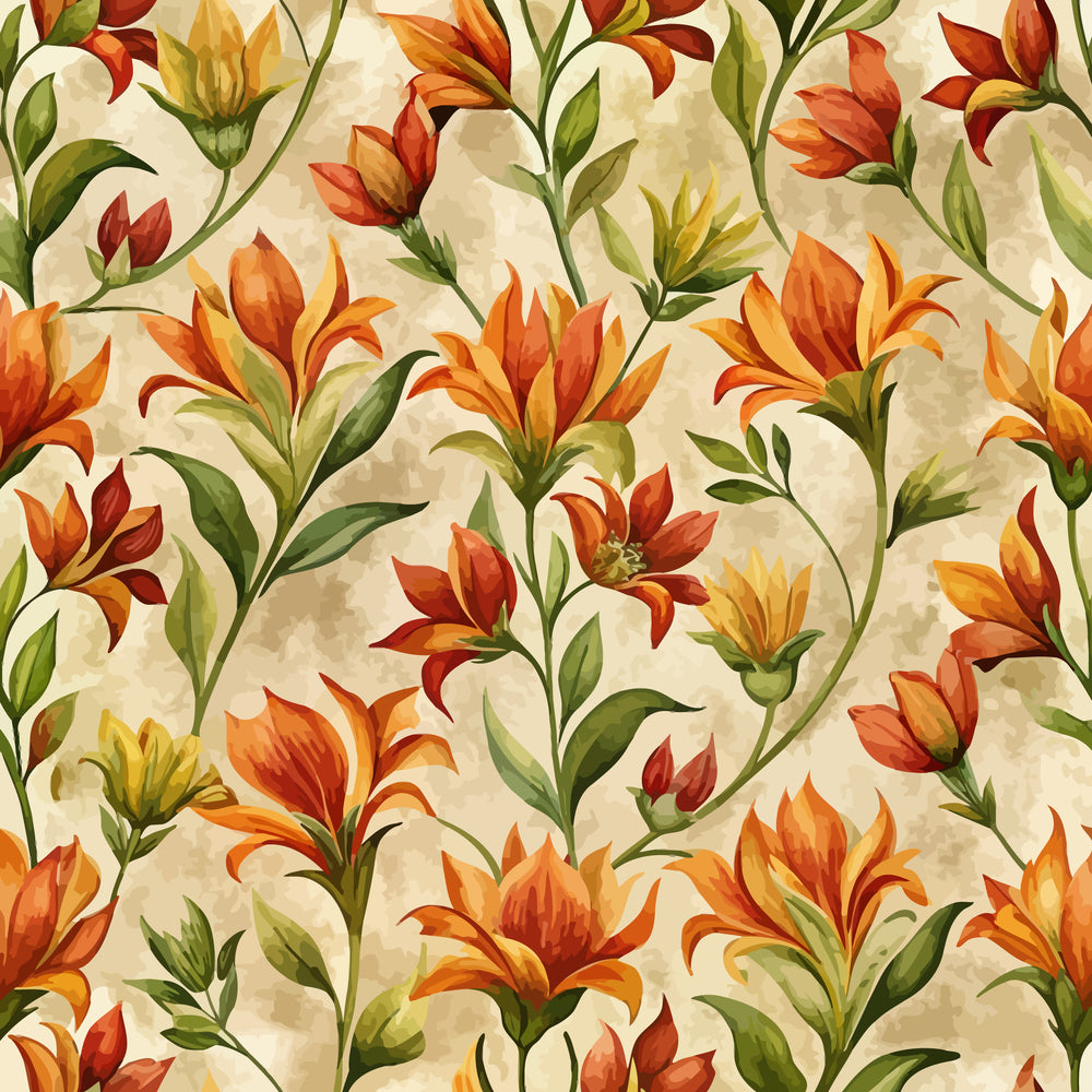 art nouveau, indian paintbrush, wildflowers, orange blooms, red petals, yellow flowers, green leaves, botanical pattern, flowing stems, nature motif, autumn colors, warm tones, organic design, floral fabric, quilting cotton, seamless repeat, prairie flowers, stylized blooms, decorative florals, cottage garden