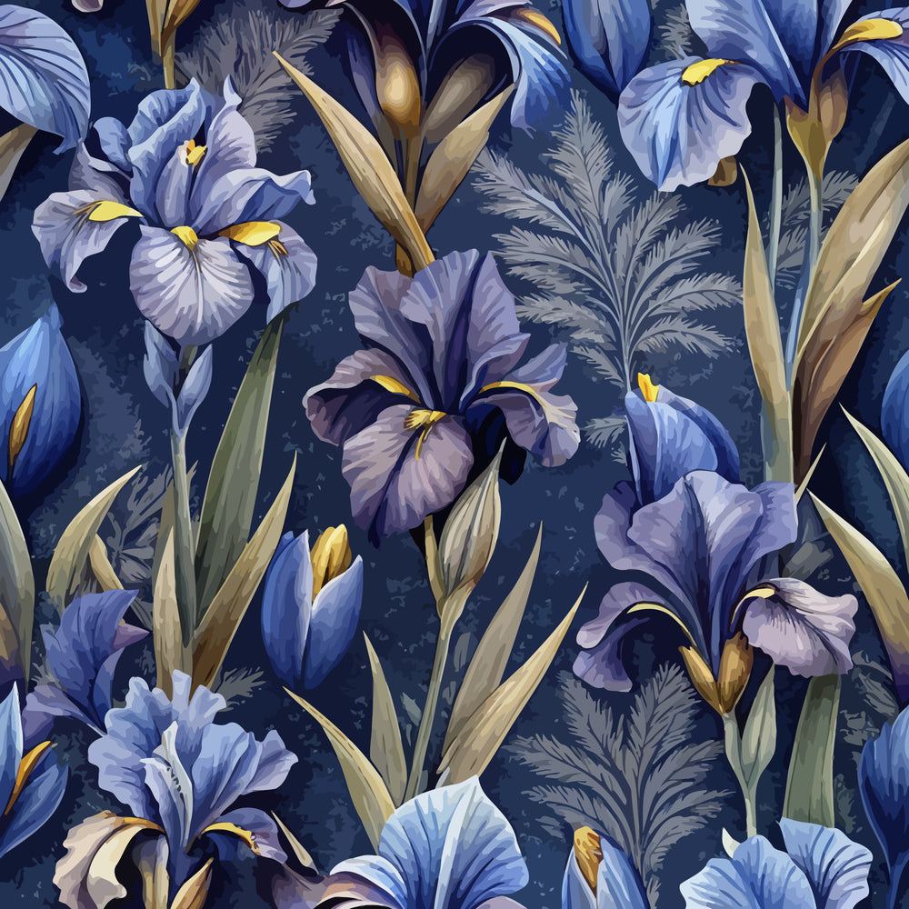navy blue, purple iris, botanical pattern, floral design, art nouveau style, quilting cotton, fabric panel, elegant blooms, golden accents, sword-like leaves, deep indigo background, lavender petals, nature motif, sophisticated florals, iris flowers, decorative foliage, rich blues, ornate botanical, garden flowers, artistic pattern