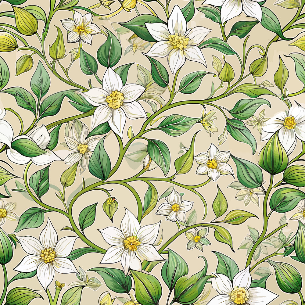 beige background, white flowers, green leaves, yellow centers, jasmine blossoms, botanical vines, flowing stems, art nouveau style, organic curves, nature motif, quilting cotton, fabric panel, elegant florals, soft palette, delicate petals, climbing plants, decorative pattern, botanical illustration, creamy tones, garden theme