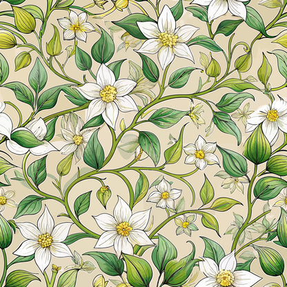 beige background, white flowers, green leaves, yellow centers, jasmine blossoms, botanical vines, flowing stems, art nouveau style, organic curves, nature motif, quilting cotton, fabric panel, elegant florals, soft palette, delicate petals, climbing plants, decorative pattern, botanical illustration, creamy tones, garden theme