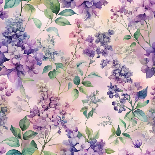- Art Nouveau Lilac Lusters Pattern 2 Quilting Cotton Fabric  
- Floral design  
- Lilac, purple, lavender, green, white  
- Botanical, leaves, blossoms  
- Soft, elegant, vintage style  
- Quilting material, cotton textile  
- Decorative, delicate, nature-inspired
