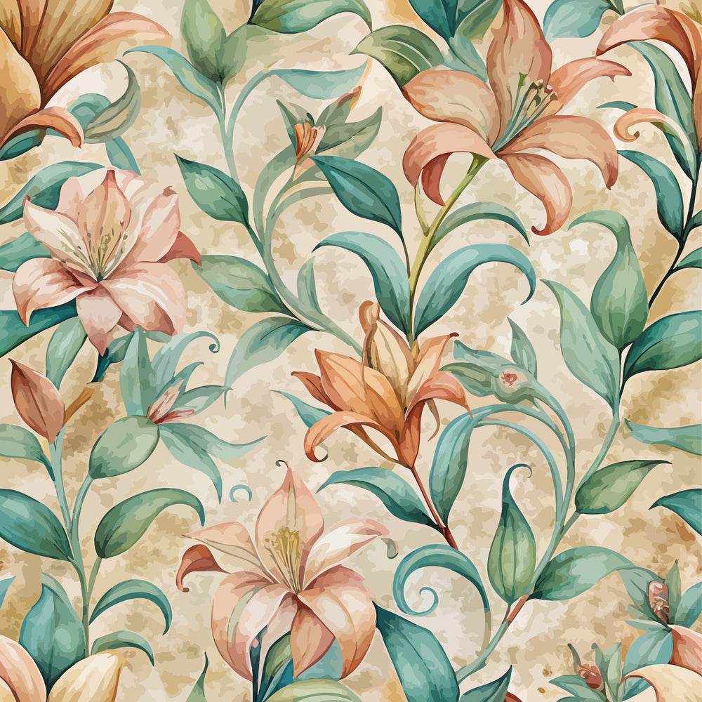art nouveau, lilies, floral pattern, peachy pink, sage green, cream background, botanical design, watercolor style, flowing leaves, elegant flowers, quilting cotton, fabric panel, organic curves, nature motif, soft pastels, romantic florals, vintage inspired, seamless repeat
