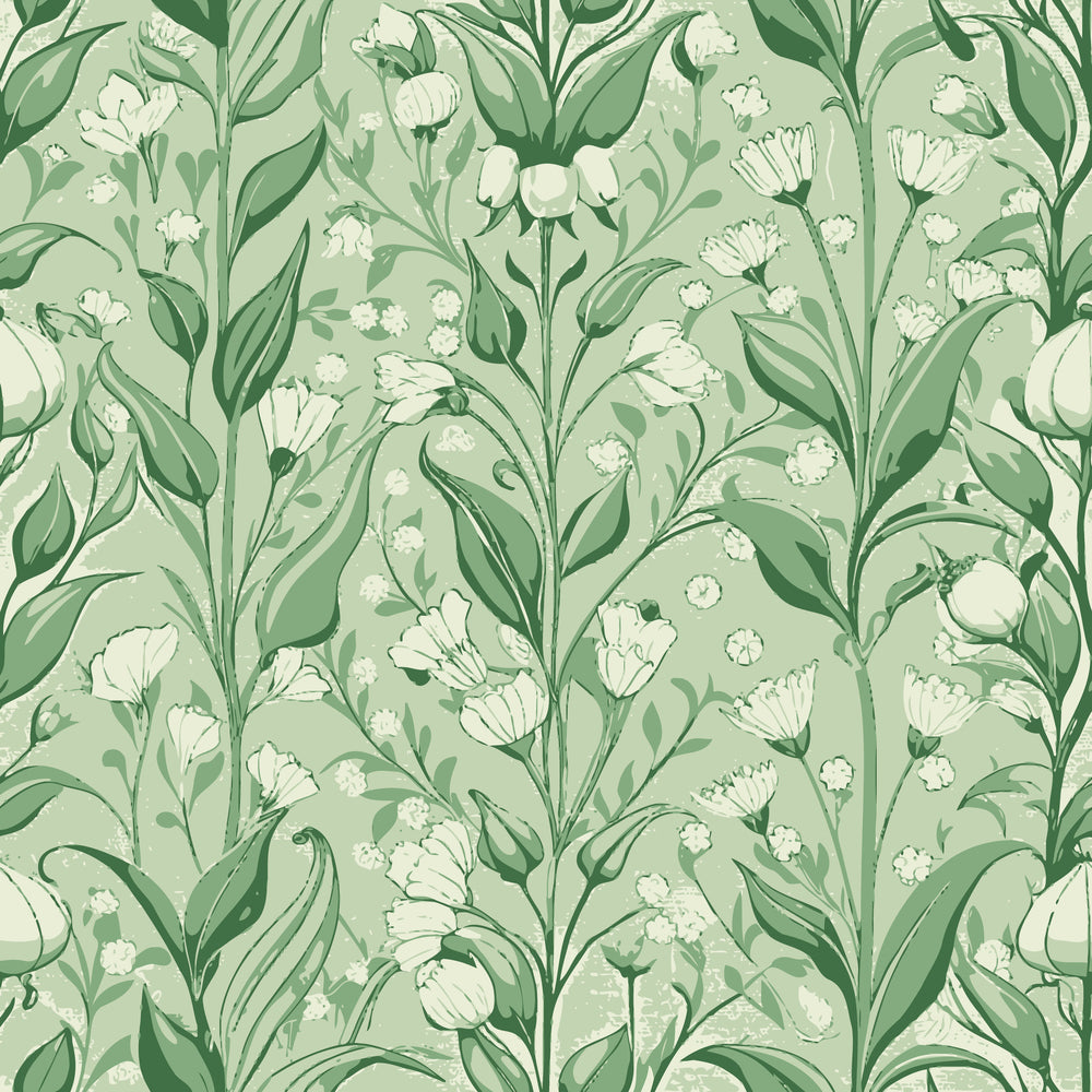 sage green, cream white, art nouveau, lily of the valley, floral pattern, botanical design, flowing stems, delicate flowers, vintage style, quilting cotton, fabric panel, organic curves, nature motif, soft palette, repeating pattern, elegant florals, decorative arts, graceful lines, botanical illustration