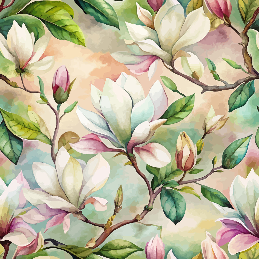 magnolia flowers, white blooms, pink buds, green leaves, brown branches, watercolor style, botanical pattern, floral design, art nouveau, soft pastels, cream background, nature motif, quilting cotton, fabric panel, spring flowers, delicate petals, organic shapes, flowing branches, garden theme, feminine aesthetic