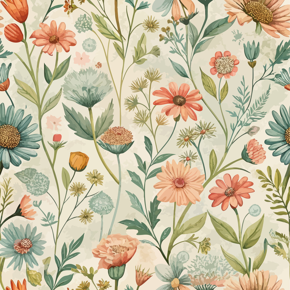 peach flowers, coral blooms, sage green, teal petals, cream background, botanical pattern, wildflower meadow, daisy motifs, art nouveau style, quilting cotton, fabric panel, nature inspired, floral design, organic shapes, garden flowers, vintage aesthetic, soft pastels, repeating pattern, cotton fabric, spring blooms
