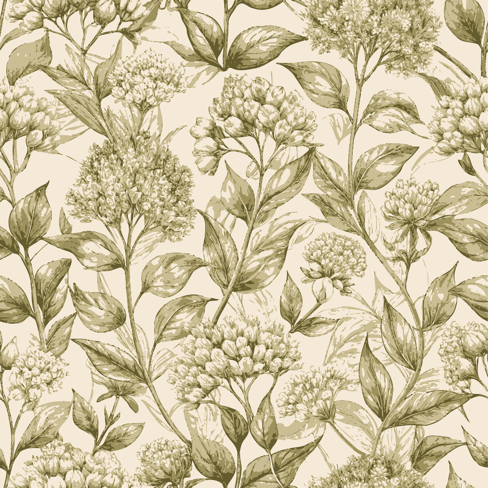 beige, sage green, olive green, cream, botanical pattern, milkweed blossoms, floral design, seed pods, leaves, stems, art nouveau style, vintage botanical, nature motif, quilting cotton, fabric panel, repeating pattern, elegant flora, muted tones, organic shapes, botanical illustration